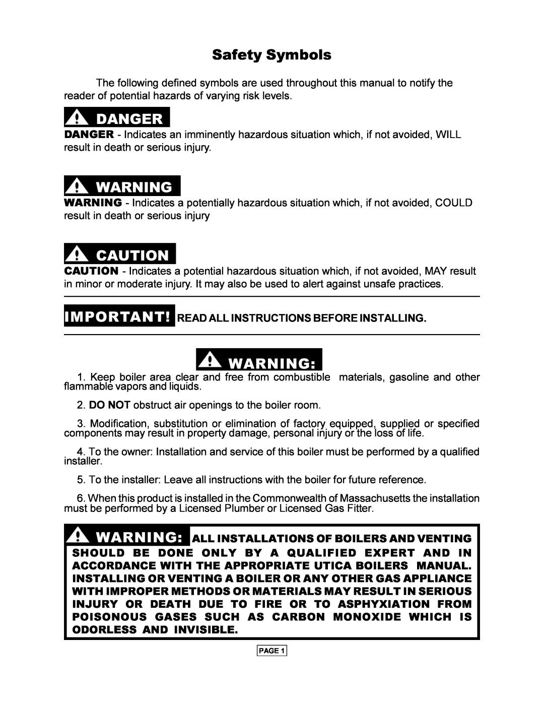 Utica PEG-C installation manual Safety Symbols, Danger 