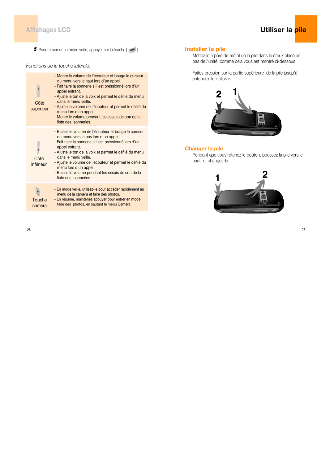 UTStarcom 860 manual Utiliser la pile, Installer la pile, Changer la pile, Côté, Touche 