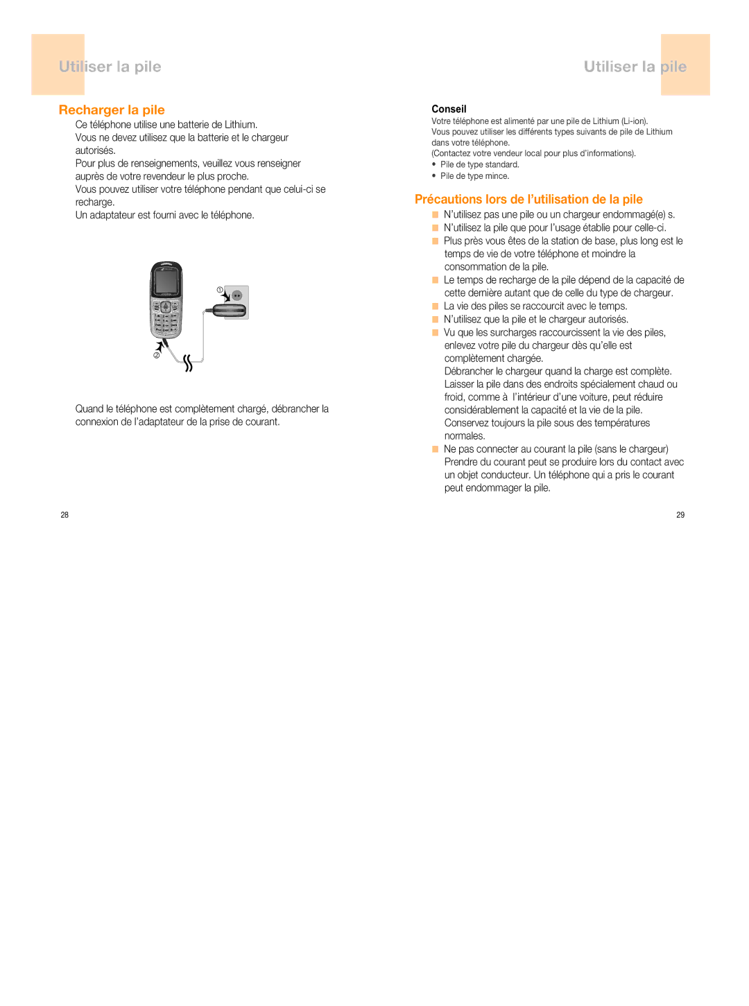 UTStarcom 860 manual Utiliser la pile, Recharger la pile, Précautions lors de l’utilisation de la pile 