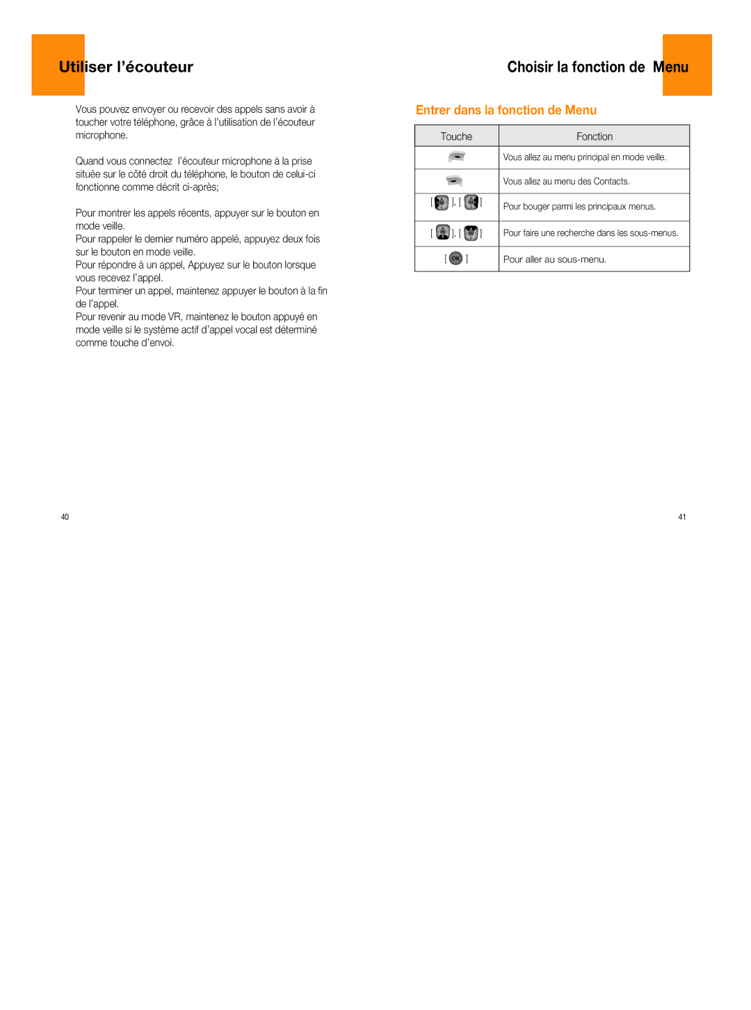 UTStarcom 860 manual Utiliser l’écouteur, Entrer dans la fonction de Menu, Touche Fonction, Pour aller au sous-menu 