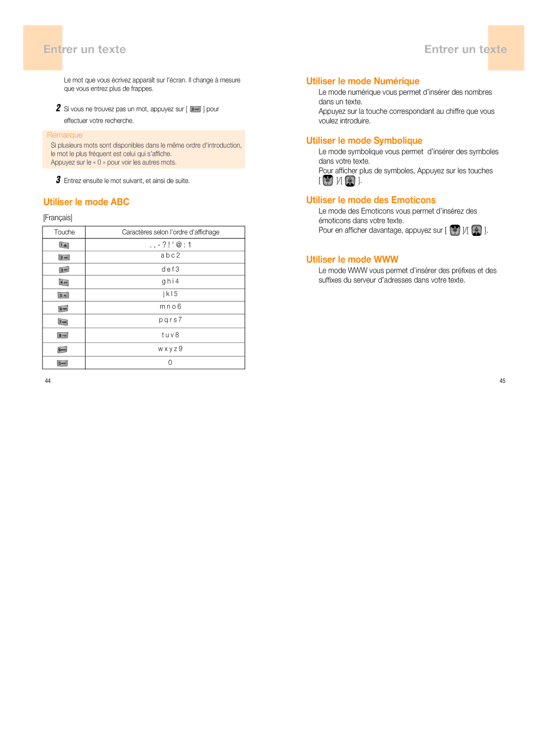 UTStarcom 860 manual Utiliser le mode ABC, Utiliser le mode Numérique, Utiliser le mode Symbolique, Utiliser le mode WWW 