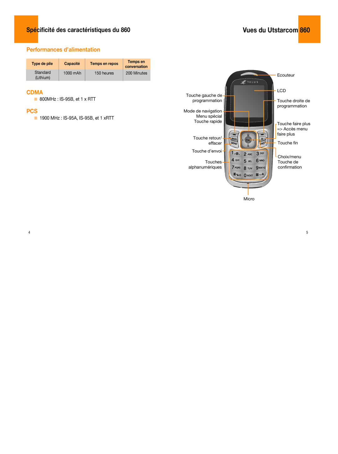 UTStarcom 860 manual Performances d’alimentation, 800MHz IS-95B, et 1 x RTT, MHz IS-95A, IS-95B, et 1 xRTT 