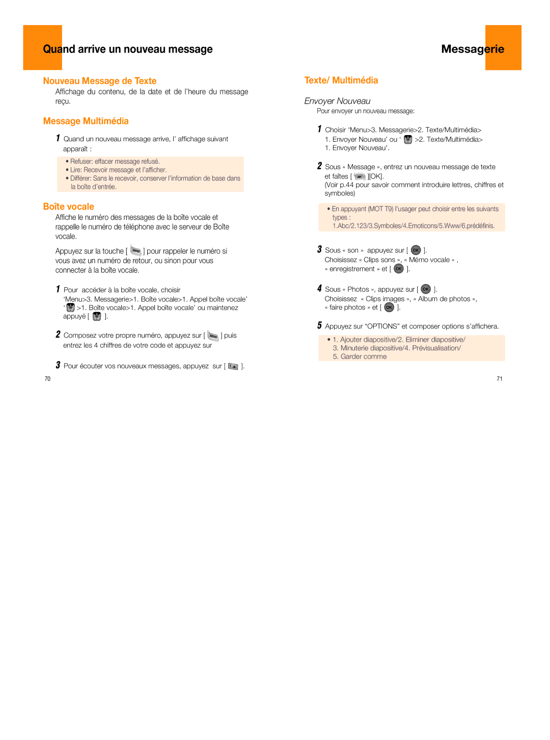 UTStarcom 860 manual Messagerie, Nouveau Message de Texte, Message Multimédia, Boîte vocale, Texte/ Multimédia 