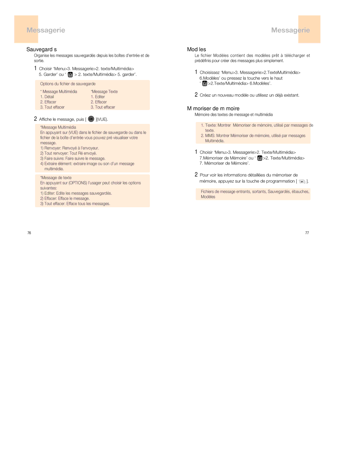 UTStarcom 860 manual Sauvegardés, Modèles, Mémoriser de mémoire, Affiche le message, puis VUE 