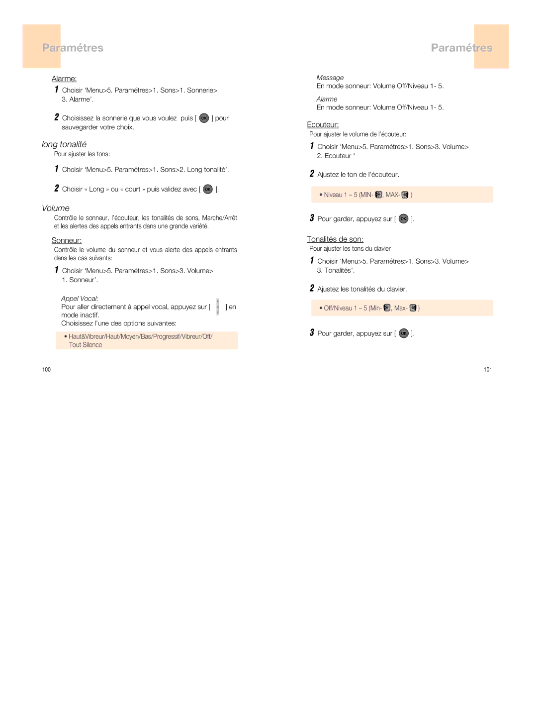 UTStarcom 860 manual Paramétres, Long tonalité, Volume 