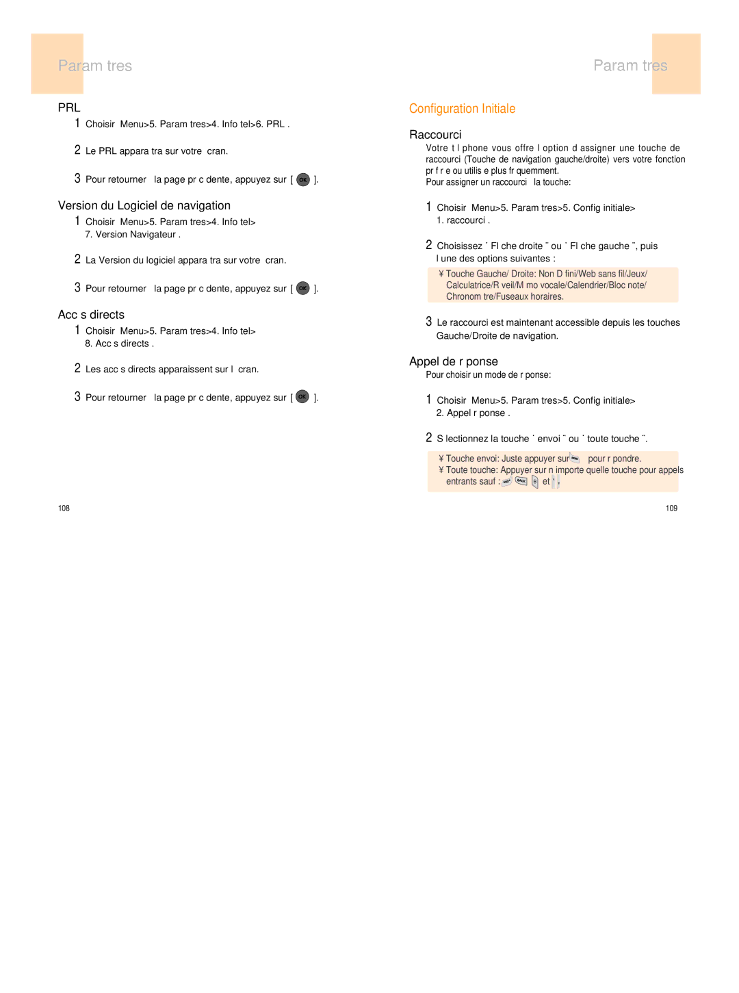 UTStarcom 860 manual Version du Logiciel de navigation, Accés directs, Configuration Initiale, Raccourci, Appel de réponse 