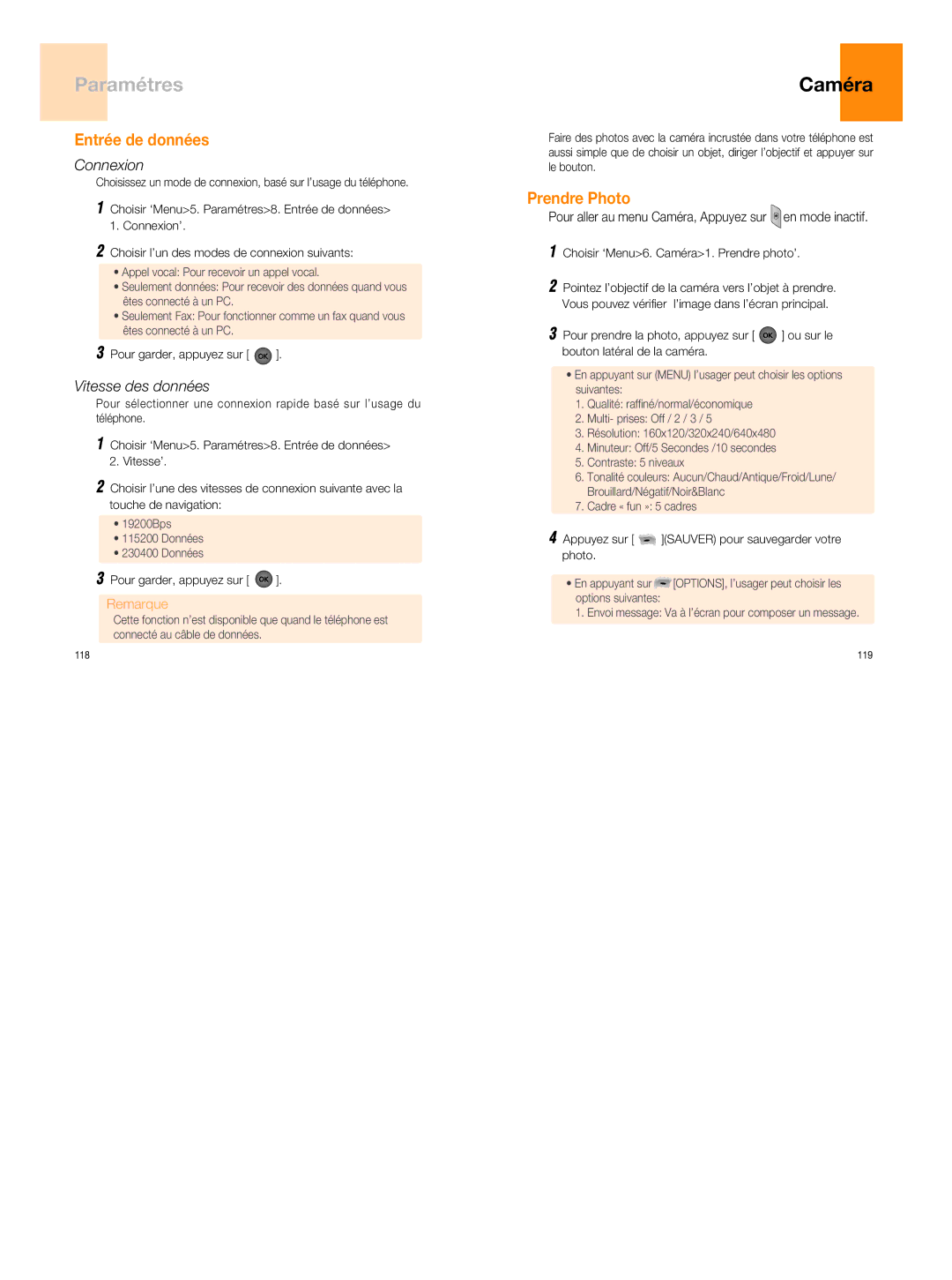 UTStarcom 860 manual Caméra, Entrée de données, Connexion, Vitesse des données, Prendre Photo 
