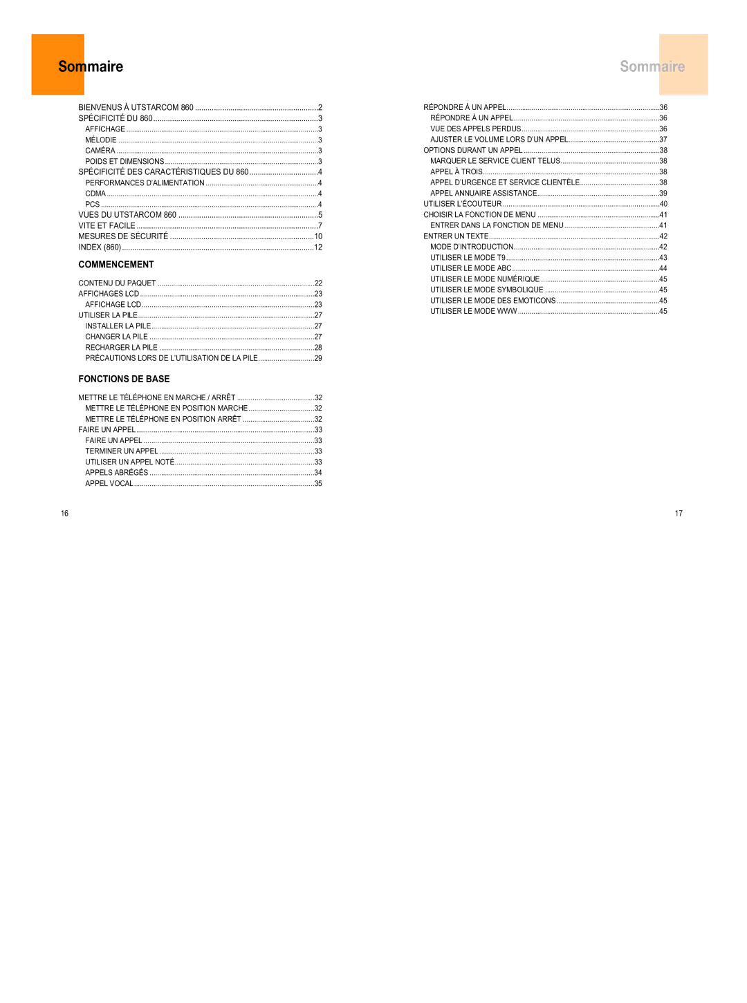 UTStarcom 860 manual Sommaire 