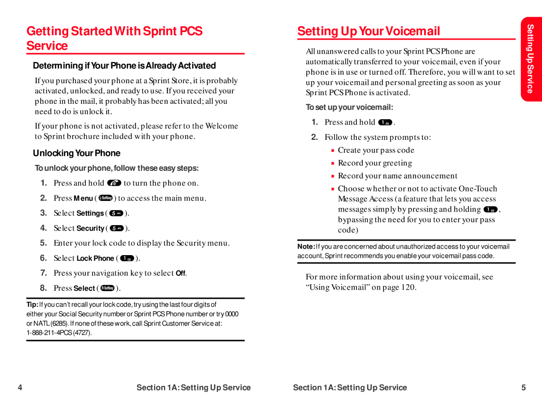 UTStarcom CDM-105 warranty Getting Started With Sprint PCS Service, Setting Up Your Voicemail, UnlockingYour Phone 