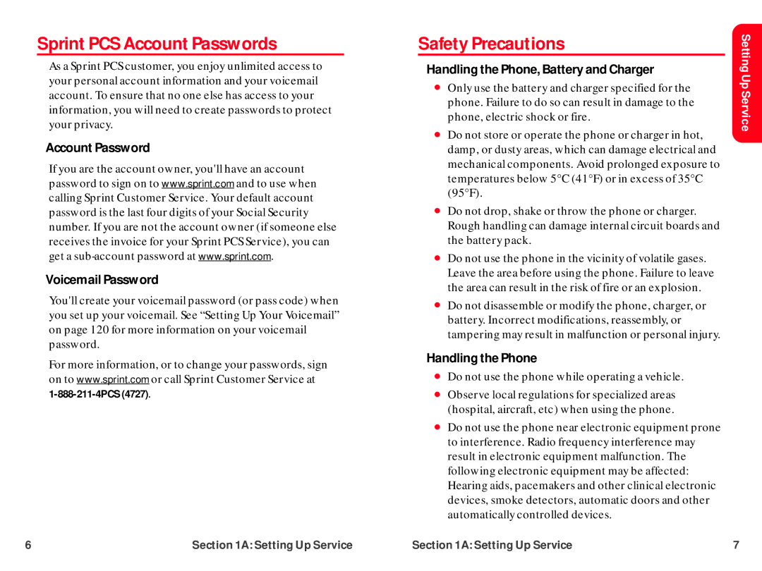 UTStarcom CDM-105 warranty Sprint PCS Account Passwords, Safety Precautions, Account Password Voicemail Password 