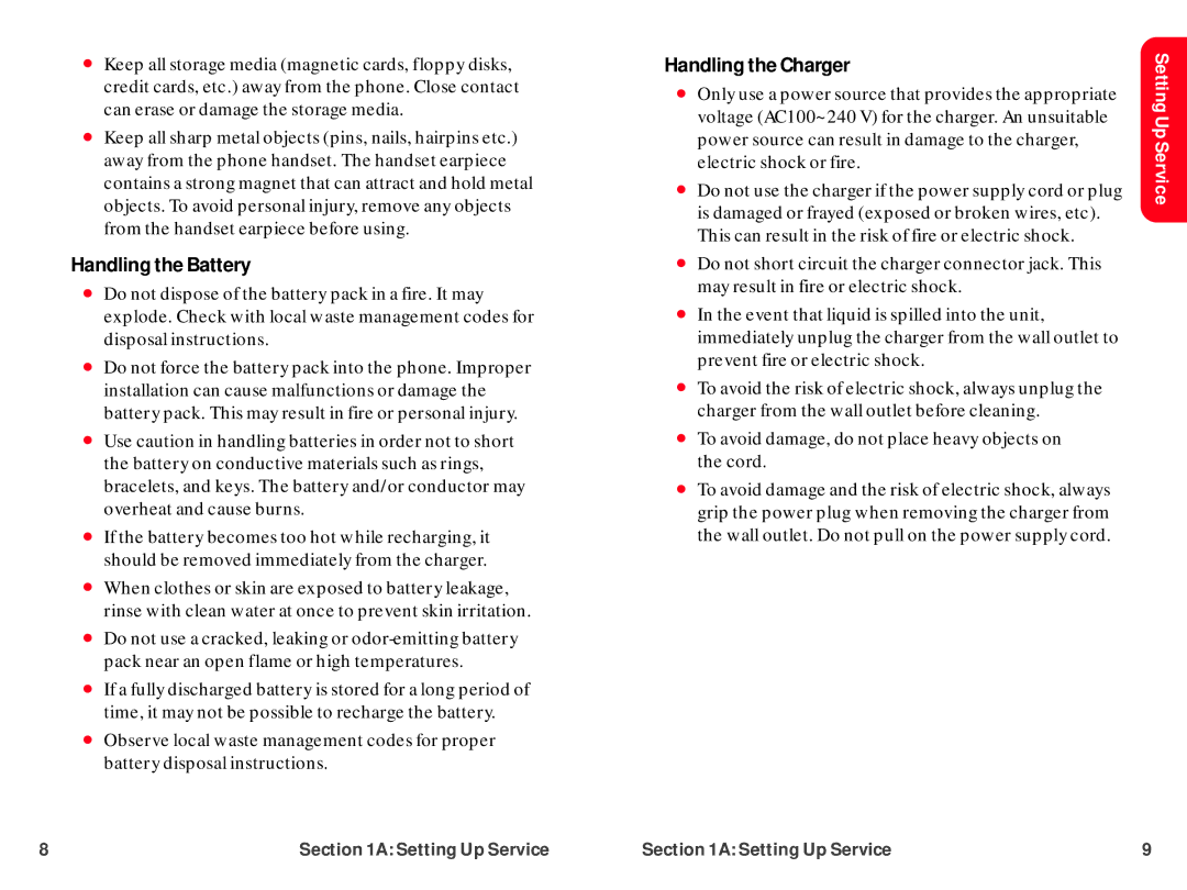 UTStarcom CDM-105 warranty Handling the Battery, Handling the Charger 