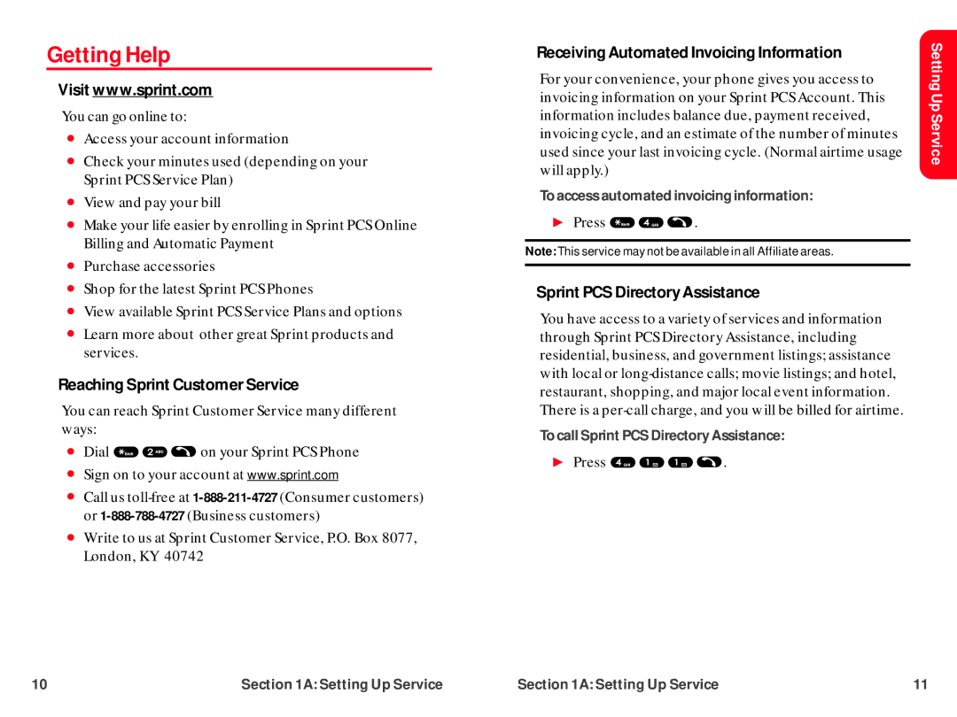 UTStarcom CDM-105 warranty Getting Help, Reaching Sprint Customer Service, Receiving Automated Invoicing Information 