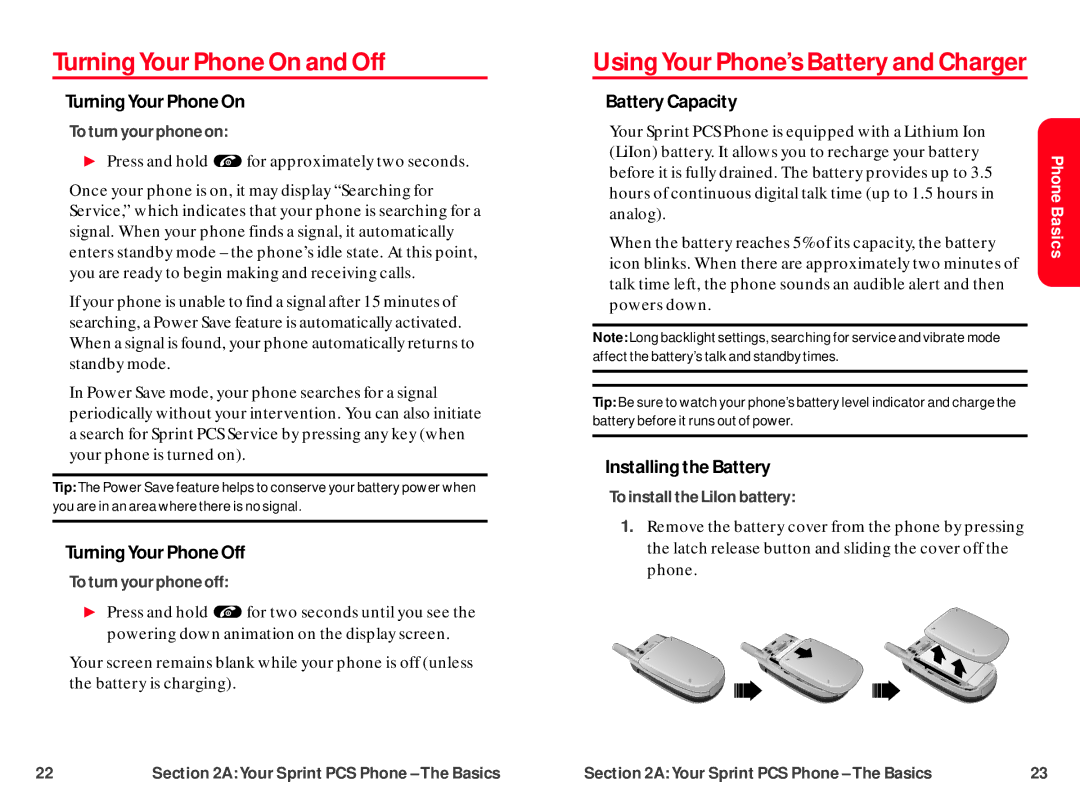 UTStarcom CDM-105 warranty Turning Your Phone On and Off, Using Your Phone’s Battery and Charger 