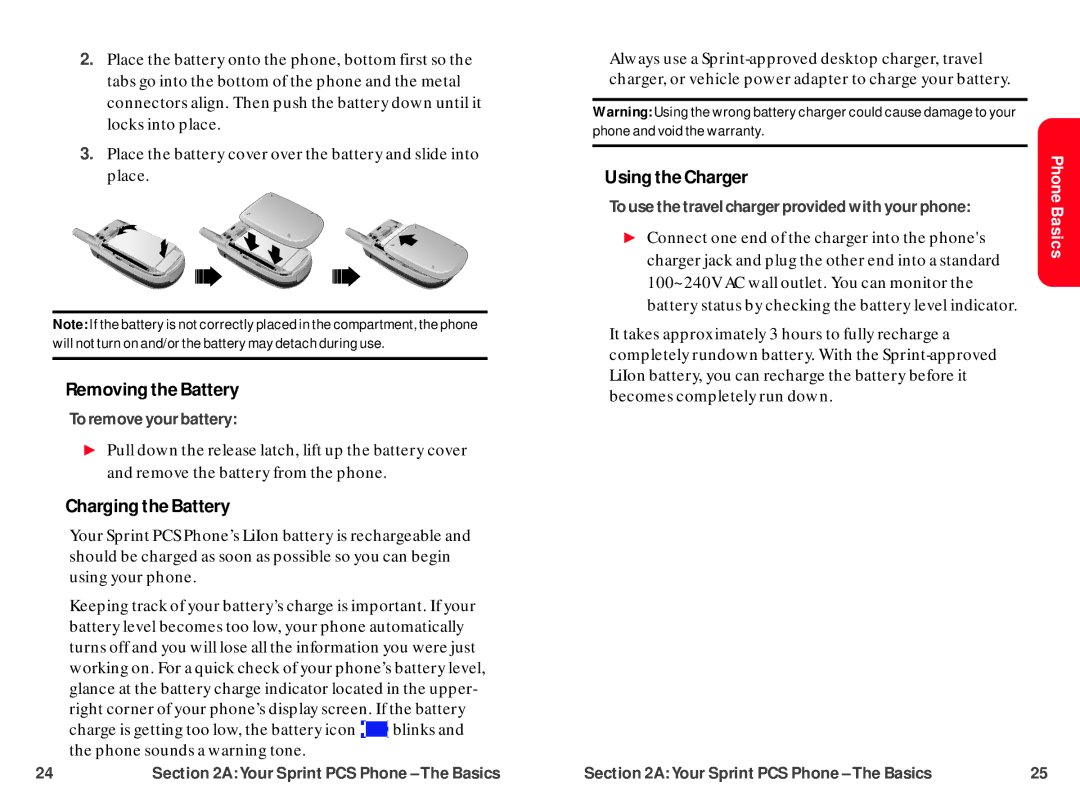 UTStarcom CDM-105 warranty Removing the Battery, Charging the Battery, Using the Charger 