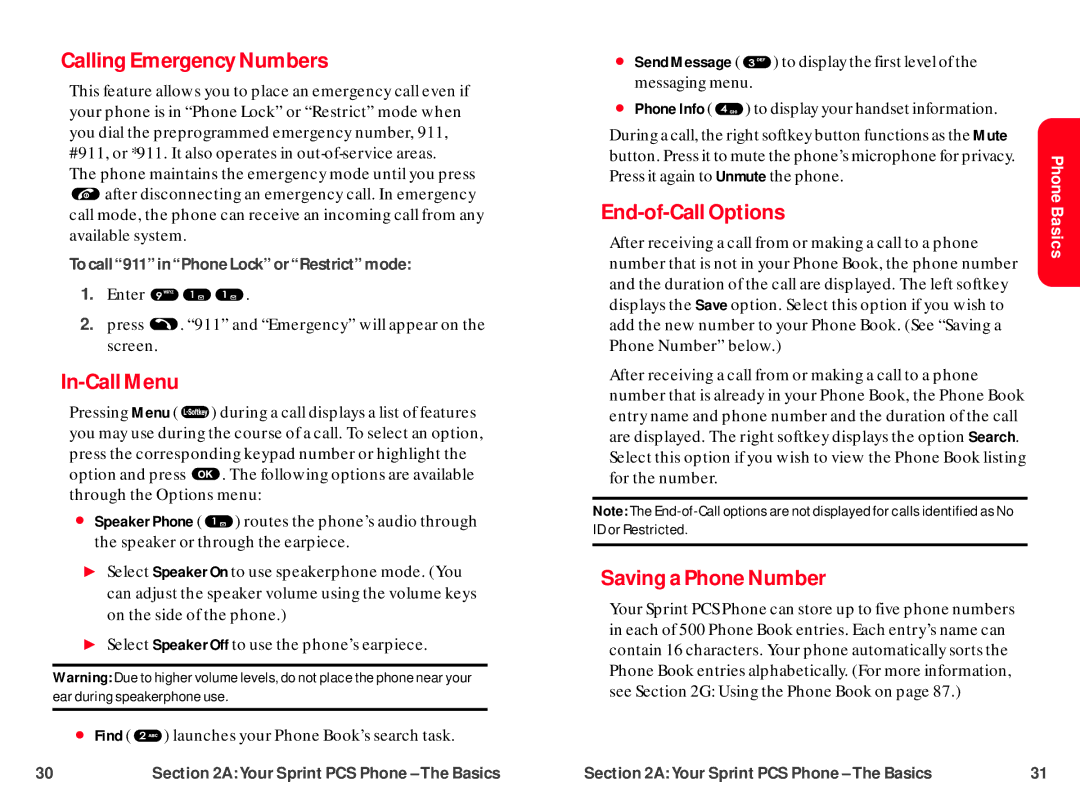 UTStarcom CDM-105 warranty Calling Emergency Numbers, In-Call Menu, End-of-Call Options, Saving a Phone Number 