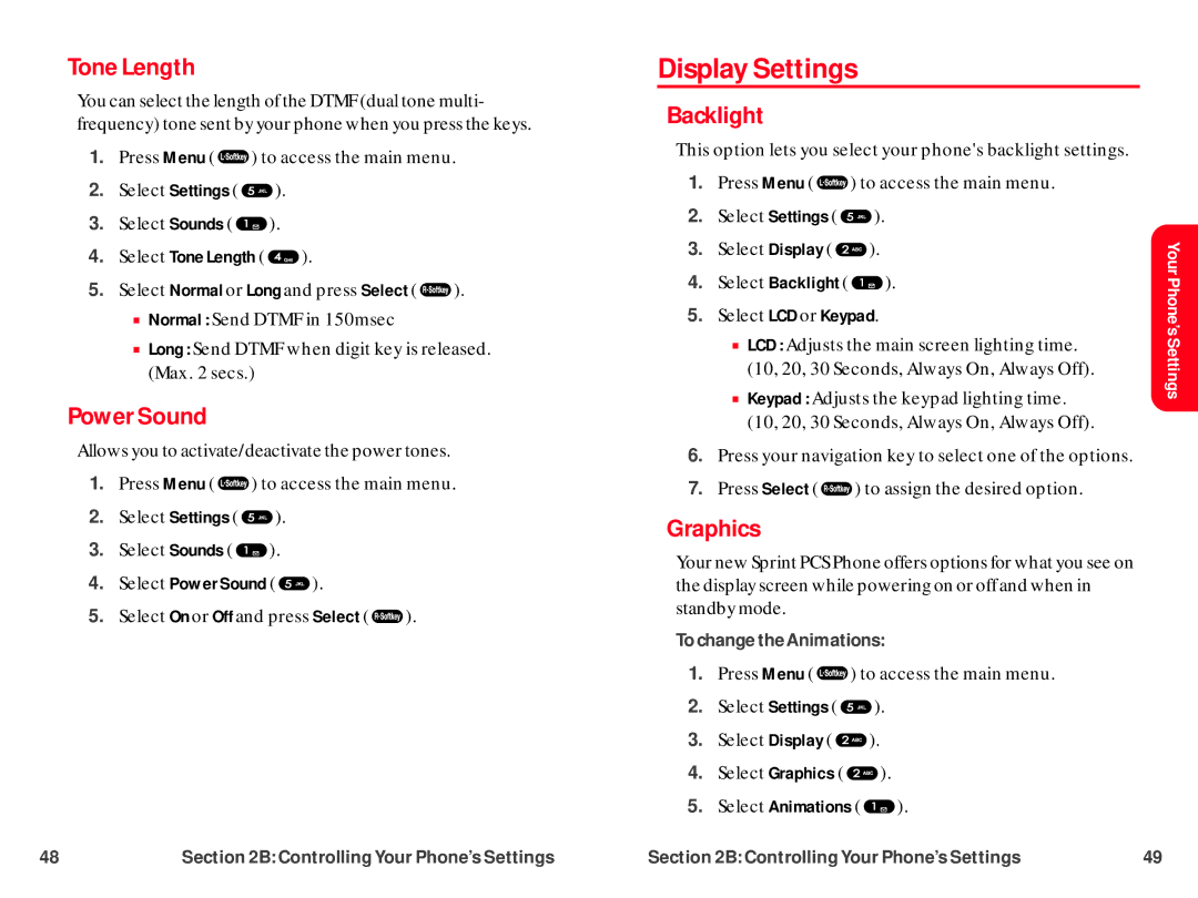 UTStarcom CDM-105 warranty Display Settings, Tone Length, Power Sound, Backlight, Graphics 