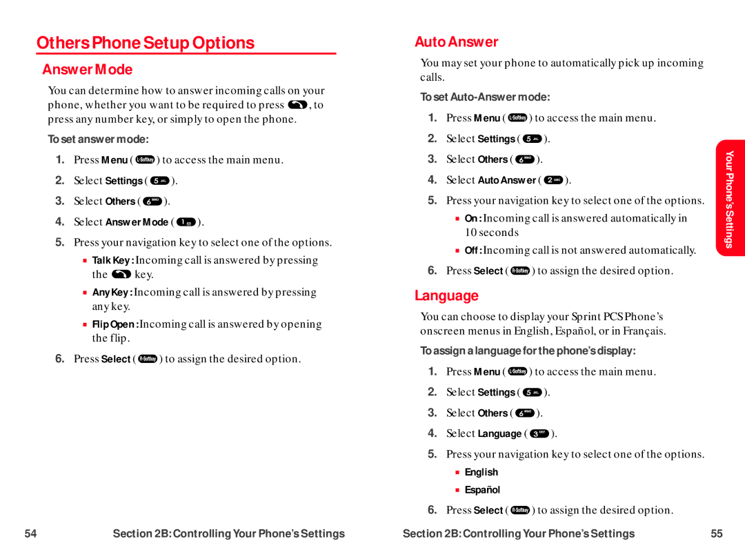 UTStarcom CDM-105 warranty Others Phone Setup Options, Answer Mode, Auto Answer, Language,  English  Español 