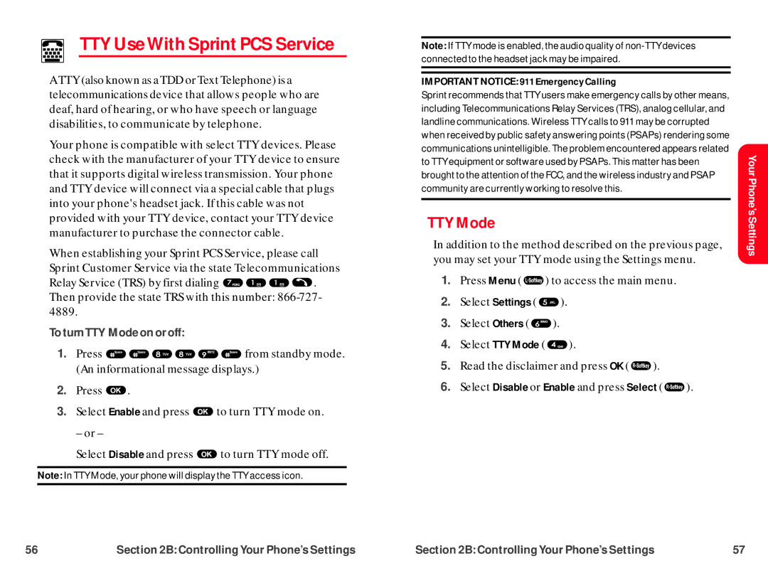 UTStarcom CDM-105 warranty TTY Use With Sprint PCS Service, TTY Mode 