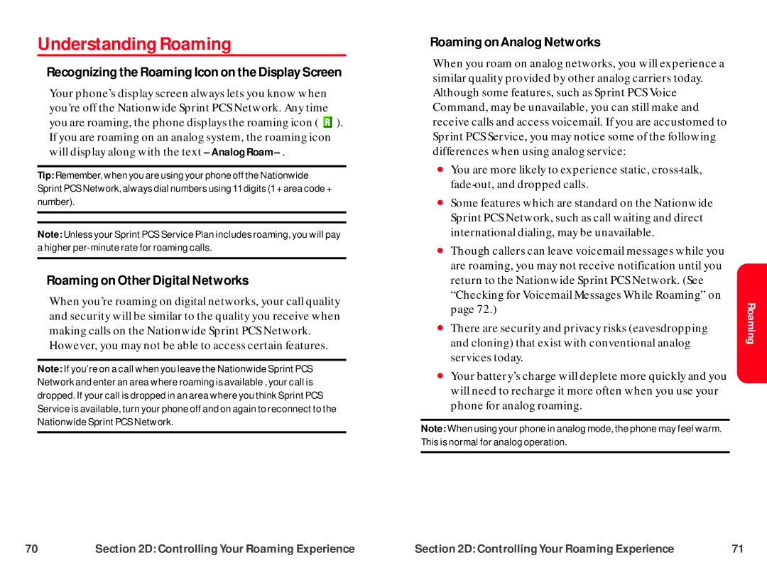 UTStarcom CDM-105 Understanding Roaming, Recognizing the Roaming Icon on the Display Screen, Roaming on Analog Networks 