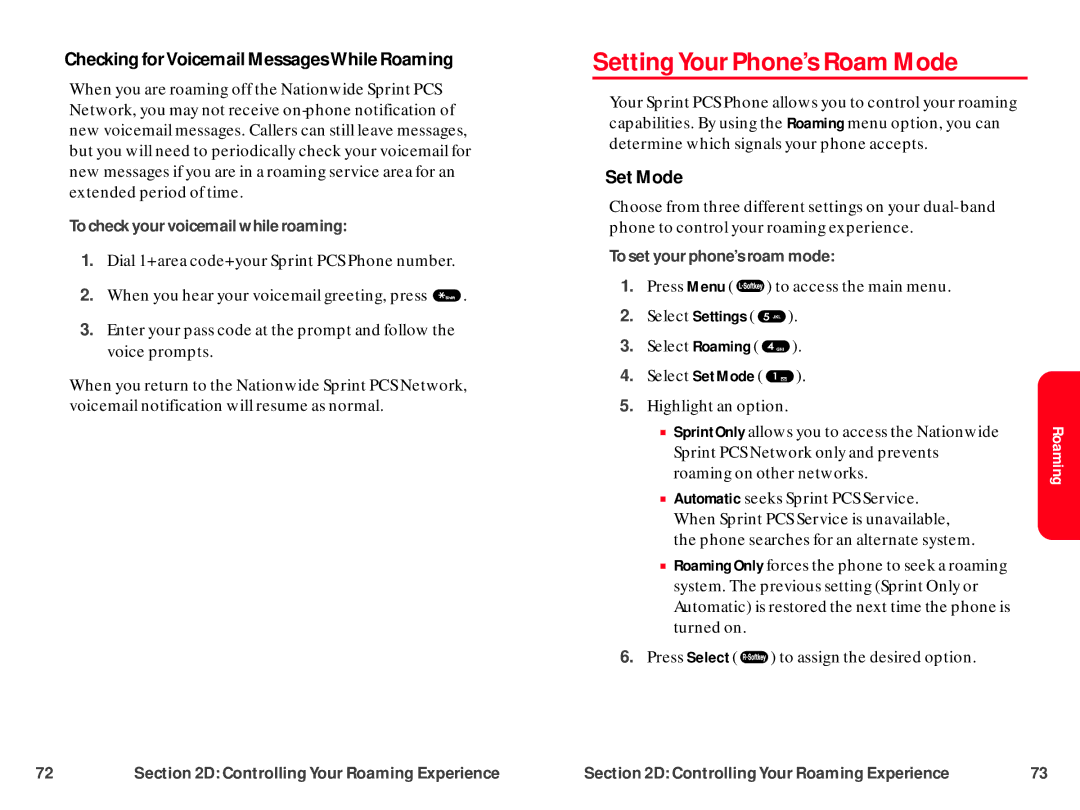 UTStarcom CDM-105 warranty Setting Your Phone’s Roam Mode, Checking forVoicemail MessagesWhile Roaming, Set Mode 