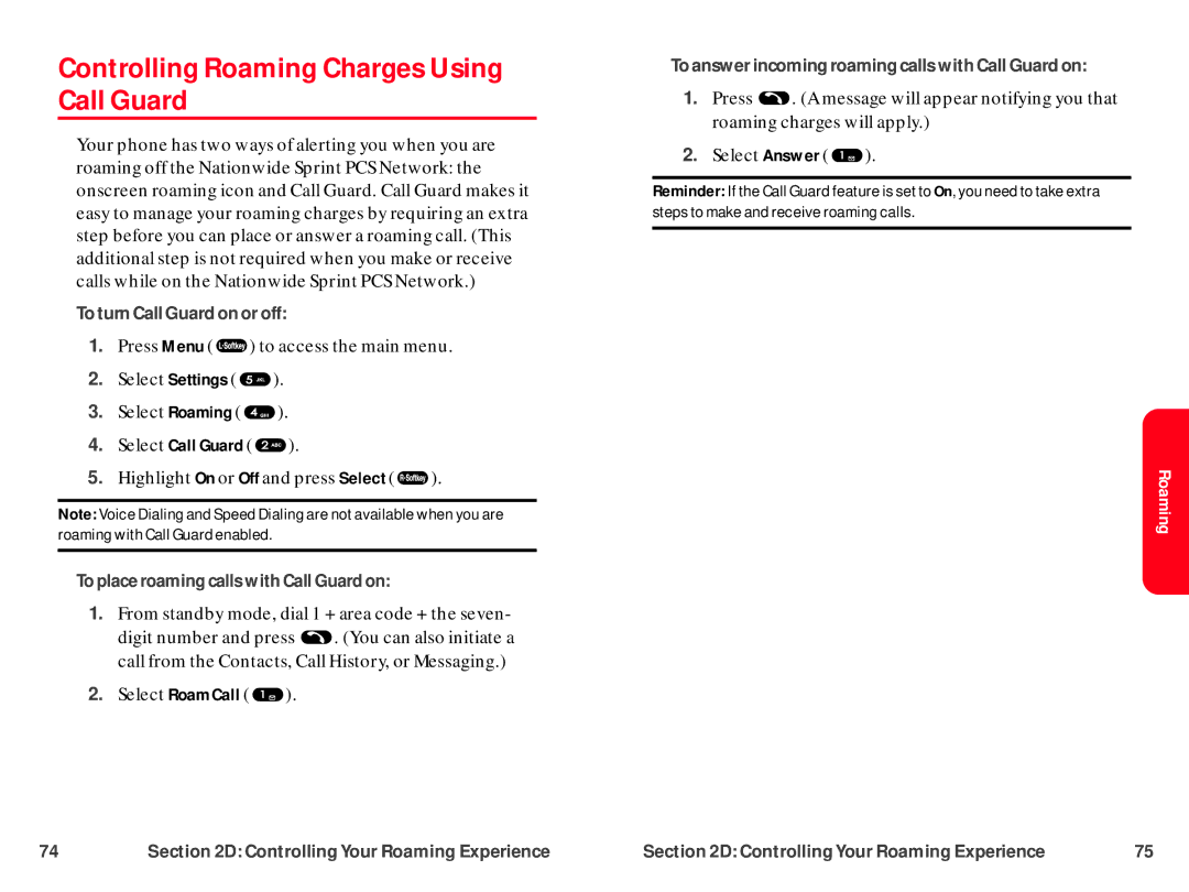 UTStarcom CDM-105 warranty Controlling Roaming Charges Using Call Guard 