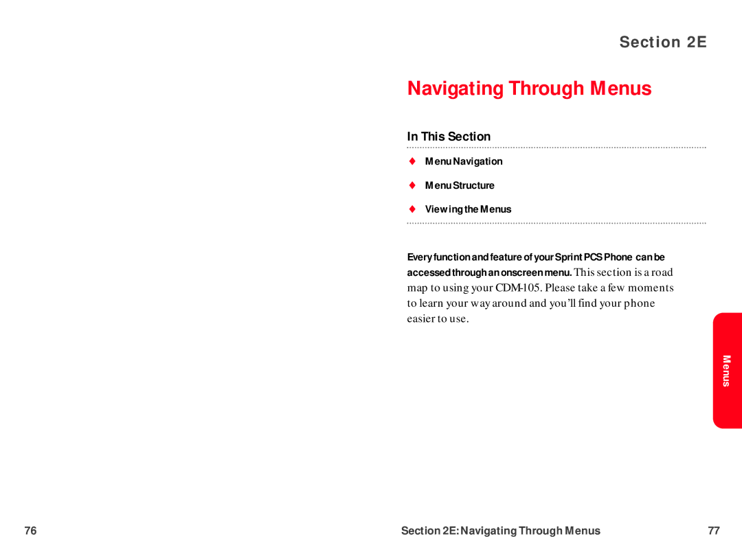 UTStarcom CDM-105 warranty Navigating Through Menus,  Menu Navigation  Menu Structure  Viewing the Menus 