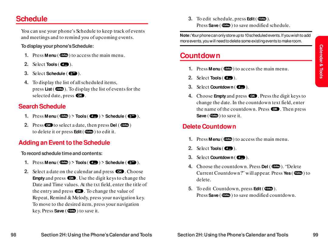 UTStarcom CDM-105 warranty Search Schedule, Adding an Event to the Schedule, Delete Countdown 