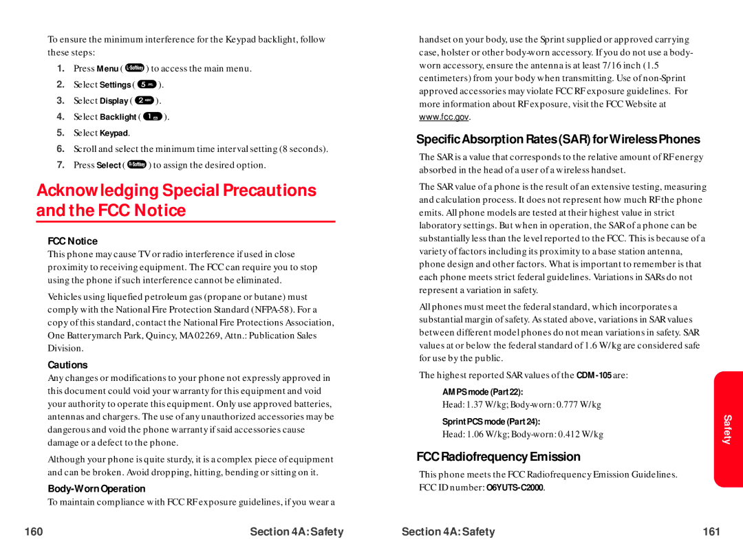 UTStarcom CDM-105 Acknowledging Special Precautions and the FCC Notice, FCC Radiofrequency Emission, Body-Worn Operation 