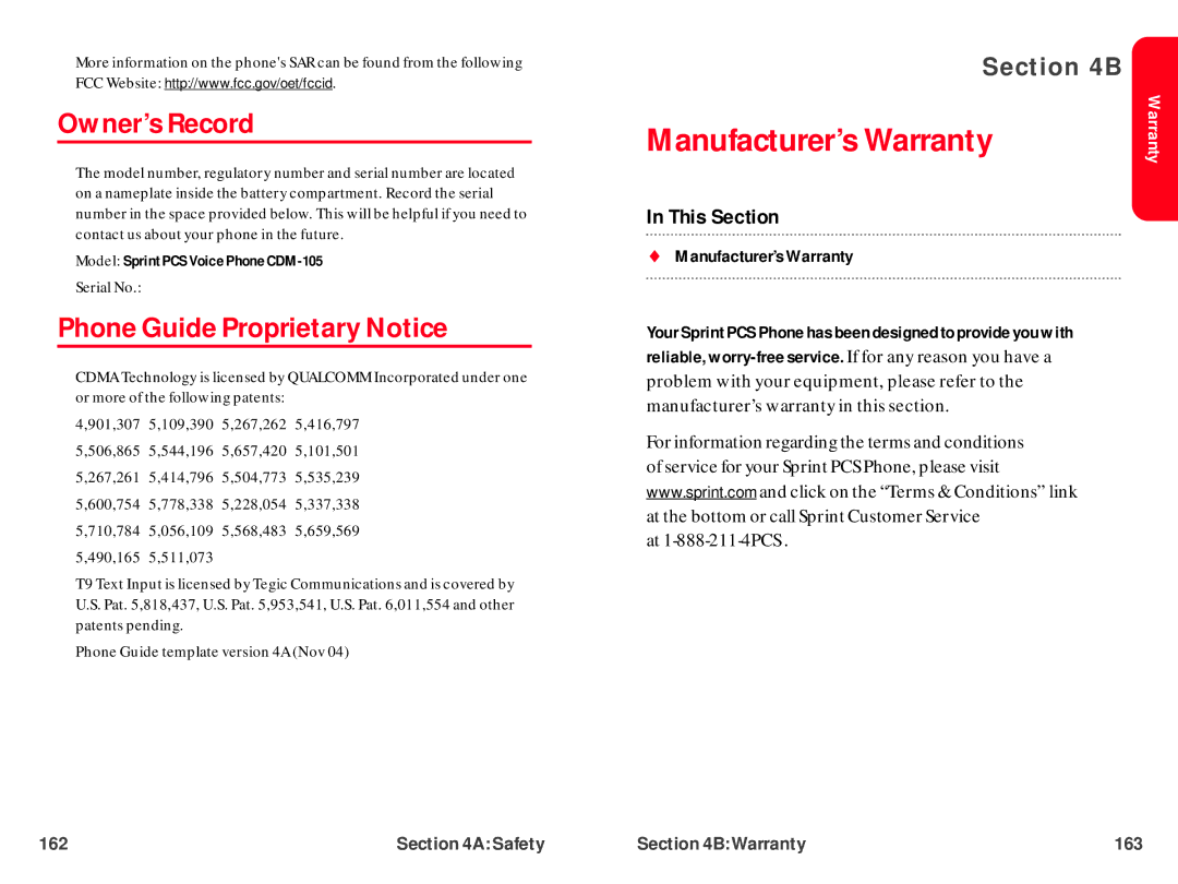 UTStarcom CDM-105 warranty Owner’s Record, Phone Guide Proprietary Notice,  Manufacturer’s Warranty 