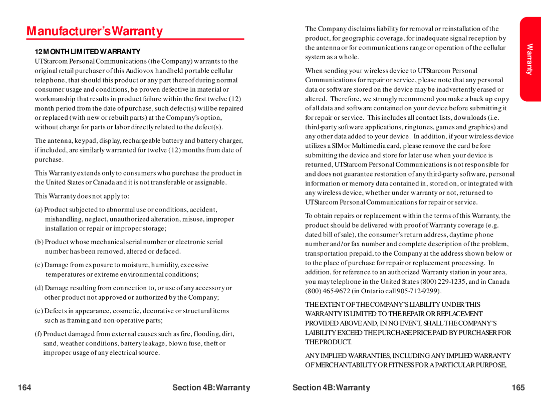 UTStarcom CDM-105 warranty Manufacturer’s Warranty, Month Limited Warranty 