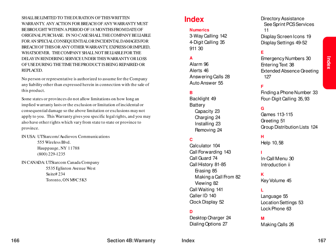 UTStarcom CDM-105 warranty Index 