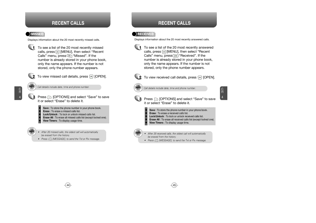 UTStarcom CDM 1080 manual Recent Calls, To view received call details, press Open, Missed, Received 