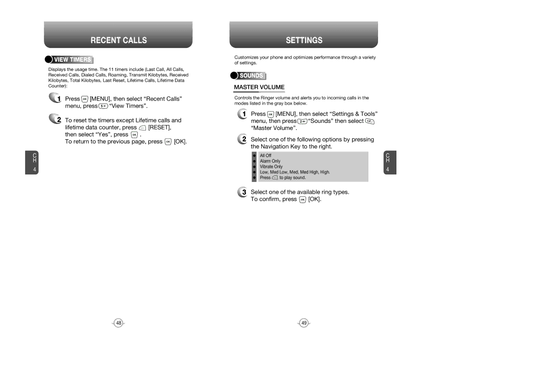 UTStarcom CDM 1080 manual Settings, Master Volume, Select one of the available ring types To confirm, press OK, View Timers 