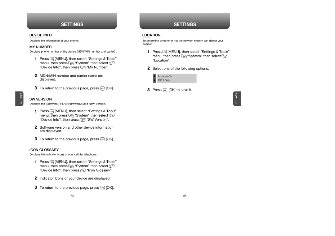 UTStarcom CDM 1080 manual Device Info, MY Number, SW Version, Icon Glossary, Location 