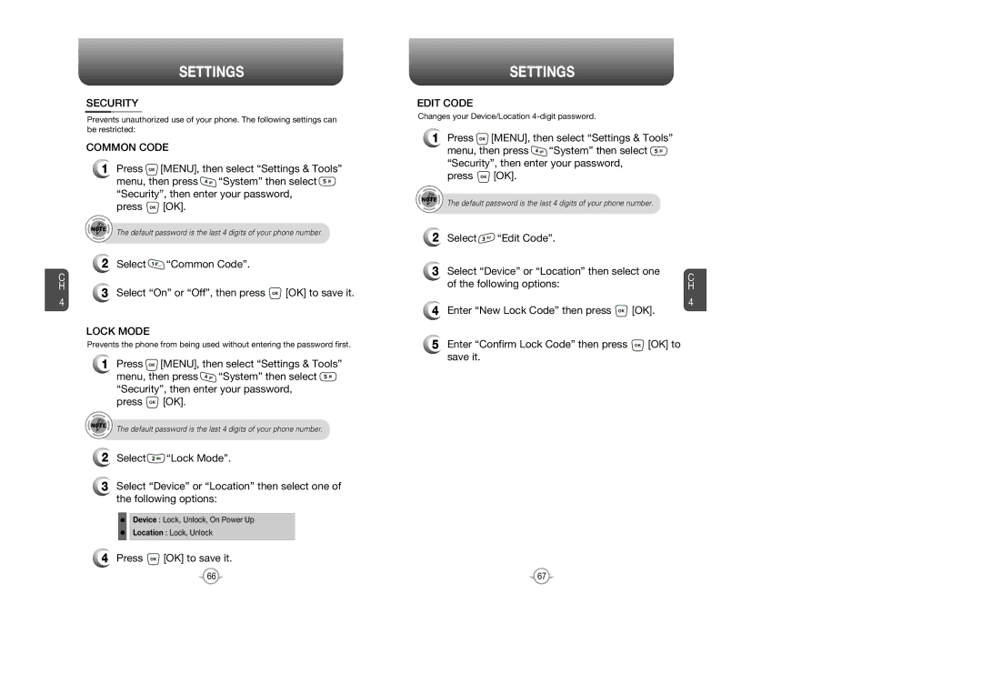 UTStarcom CDM 1080 manual Security, Common Code, Lock Mode, Edit Code 