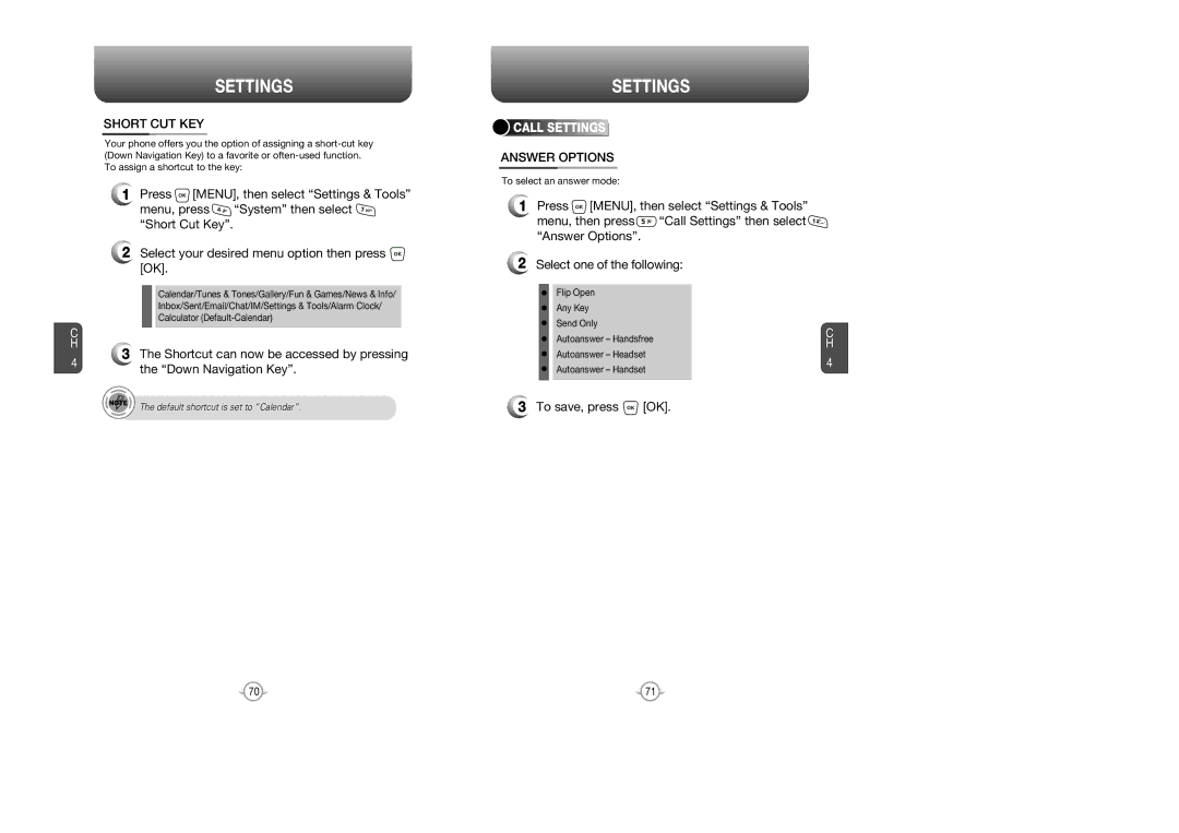 UTStarcom CDM 1080 manual Short CUT KEY, Answer Options, Shortcut can now be accessed by pressing, Down Navigation Key 