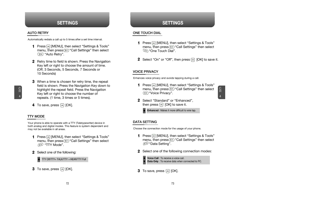 UTStarcom CDM 1080 manual Auto Retry, TTY Mode, ONE Touch Dial, Voice Privacy, Data Setting 