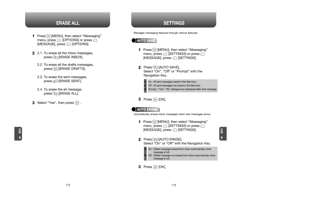 UTStarcom CDM 1080 manual Erase ALL, Settings, Auto Erase, Select On or Off with the Navigation Key 