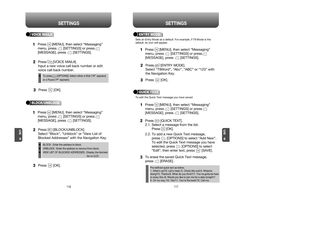 UTStarcom CDM 1080 manual Voice MAIL#, Block/Unblock, Entry Mode, Quick Text 