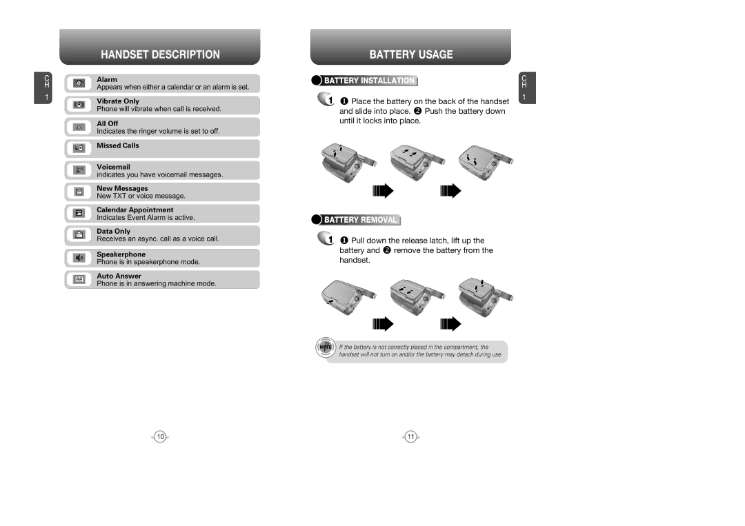 UTStarcom CDM 1080 manual Battery Usage, Alarm, Battery Removal 