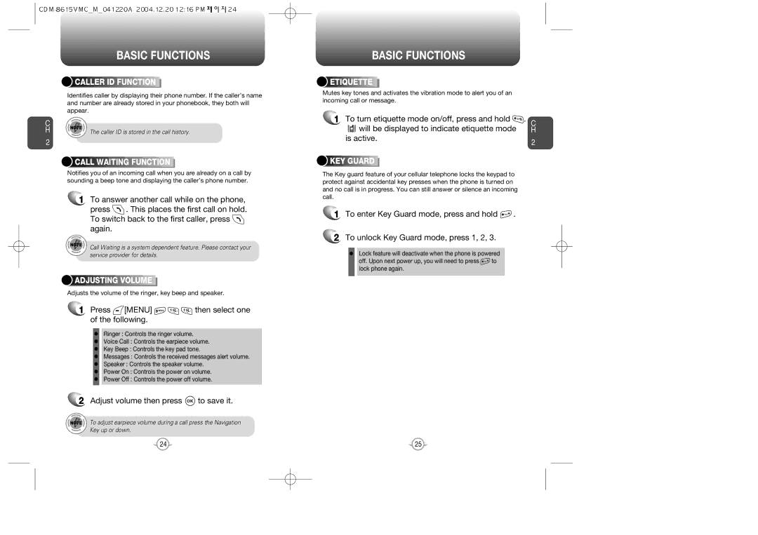 UTStarcom CDM-8615 manual Press Menu then select one of the following, Adjust volume then press to save it 