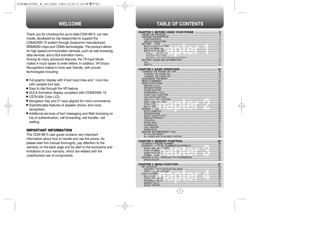 UTStarcom CDM-8615 manual Welcome, Table of Contents 