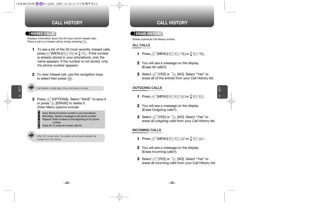 UTStarcom CDM-8615 manual ALL Calls, Outgoing Calls, Incoming Calls, Missed Calls, Erase History 