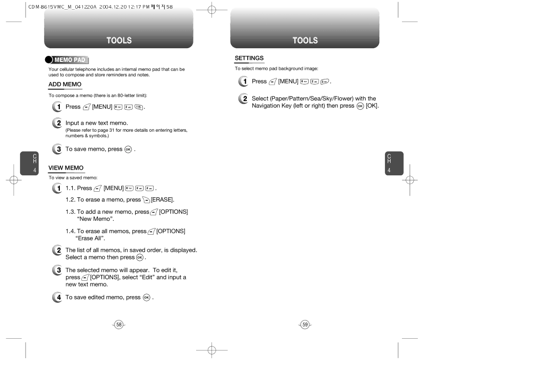 UTStarcom CDM-8615 manual ADD Memo, Press Menu Input a new text memo, To save memo, press, View Memo, Settings 