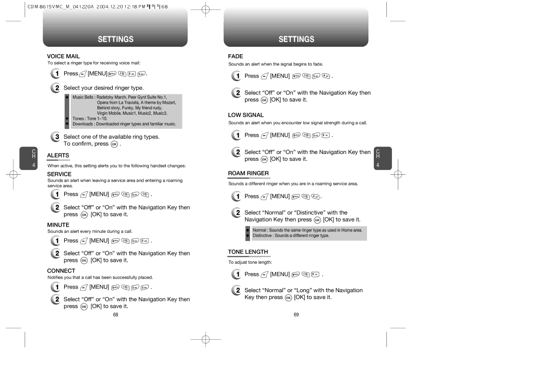 UTStarcom CDM-8615 manual Voice Mail, Alerts, Service, Minute, Connect, Fade, LOW Signal, Roam Ringer, Tone Length 