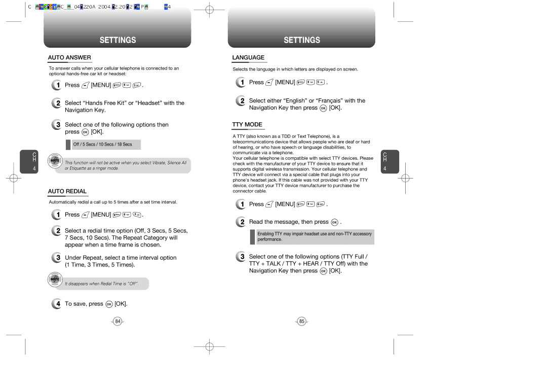 UTStarcom CDM-8615 manual Auto Answer, Language, TTY Mode, Auto Redial 