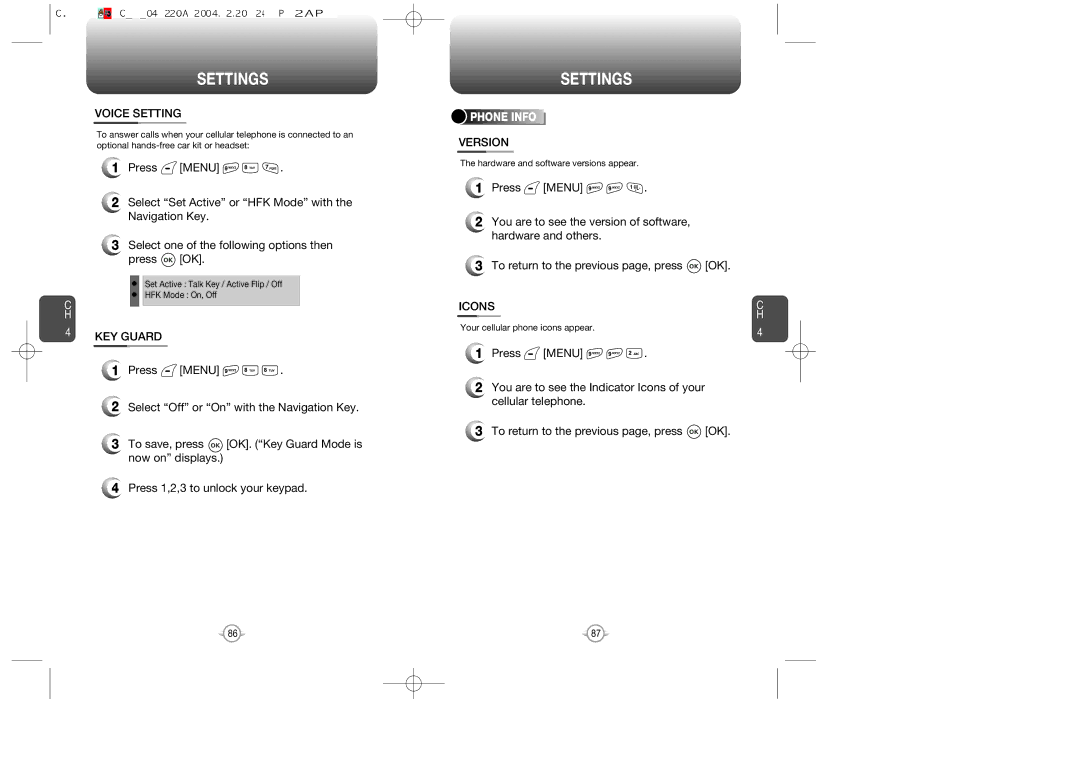 UTStarcom CDM-8615 manual Voice Setting, KEY Guard, Version, Icons 