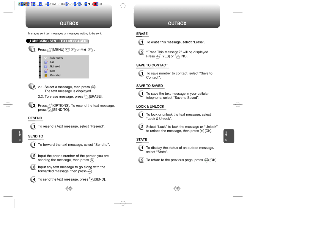 UTStarcom CDM-8615 manual Outbox, To resend a text message, select Resend, Send to, State 