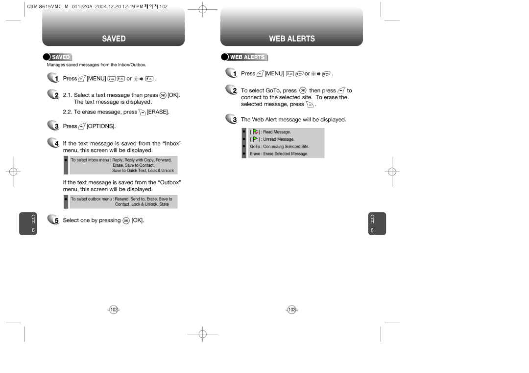 UTStarcom CDM-8615 manual Saved, WEB Alerts, Select one by pressing OK 