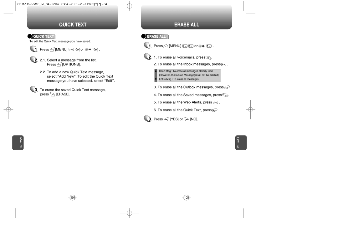 UTStarcom CDM-8615 manual Quick Text, Erase ALL 